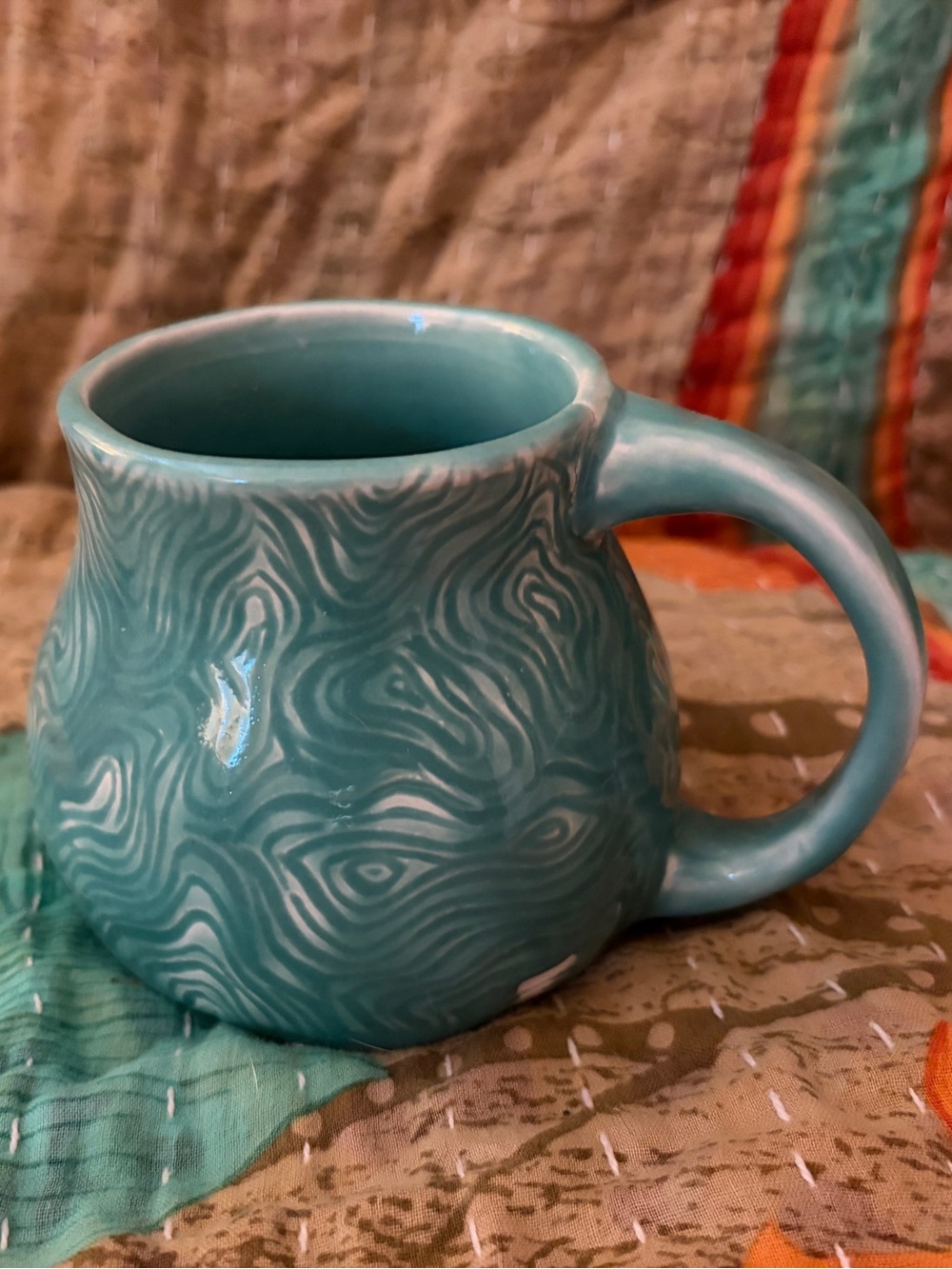 Hand-made Pottery Mug with Wave Pattern with Teal Ocean Glaze